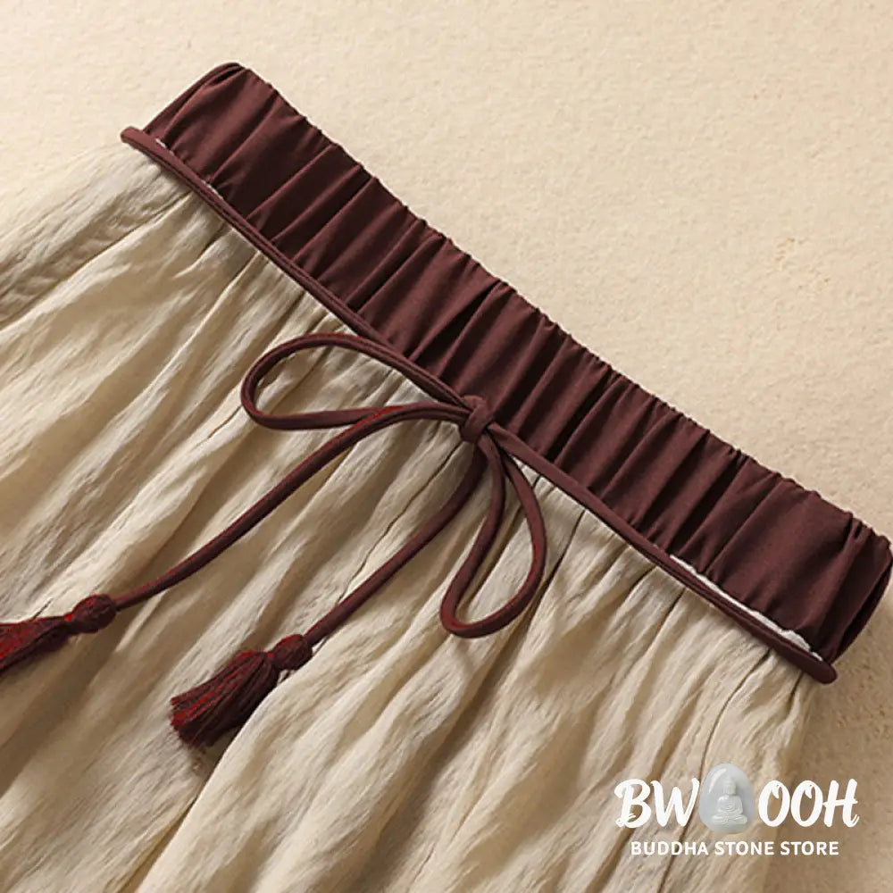 Buddha Stones Casual Contrasting Color Pleated Lace-Up Design Women’s Cotton Linen 7-8 Length Skirt - Skirt