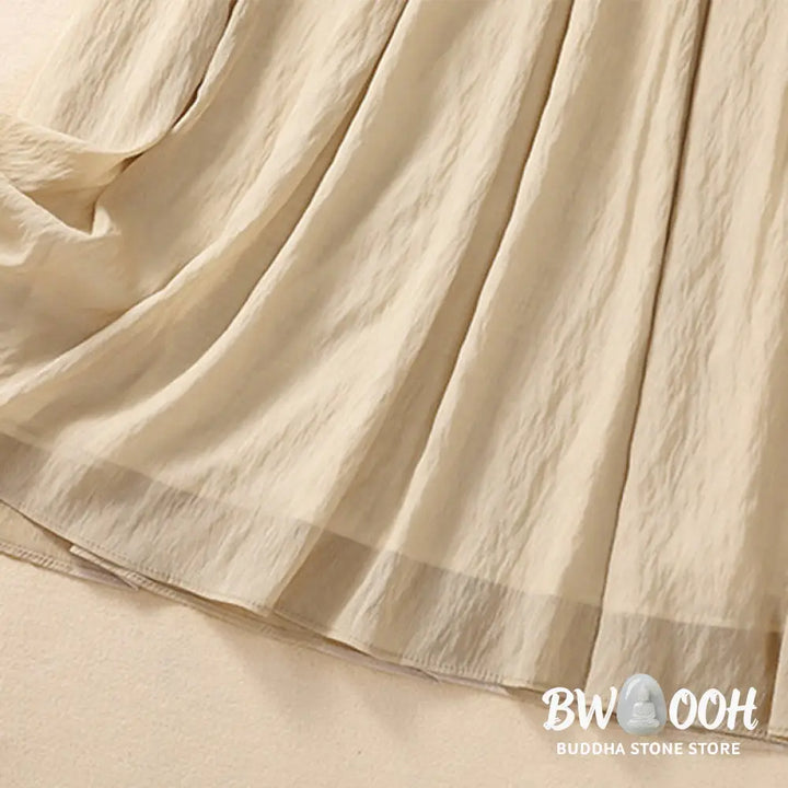 Buddha Stones Casual Contrasting Color Pleated Lace-Up Design Women’s Cotton Linen 7-8 Length Skirt - Skirt