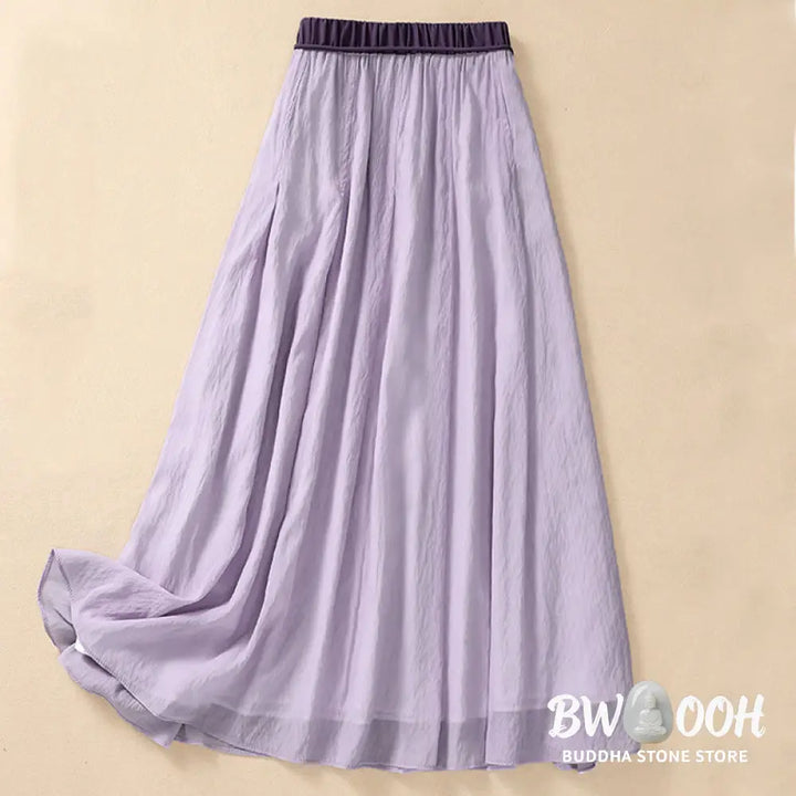 Buddha Stones Casual Contrasting Color Pleated Lace-Up Design Women’s Cotton Linen 7-8 Length Skirt - Skirt