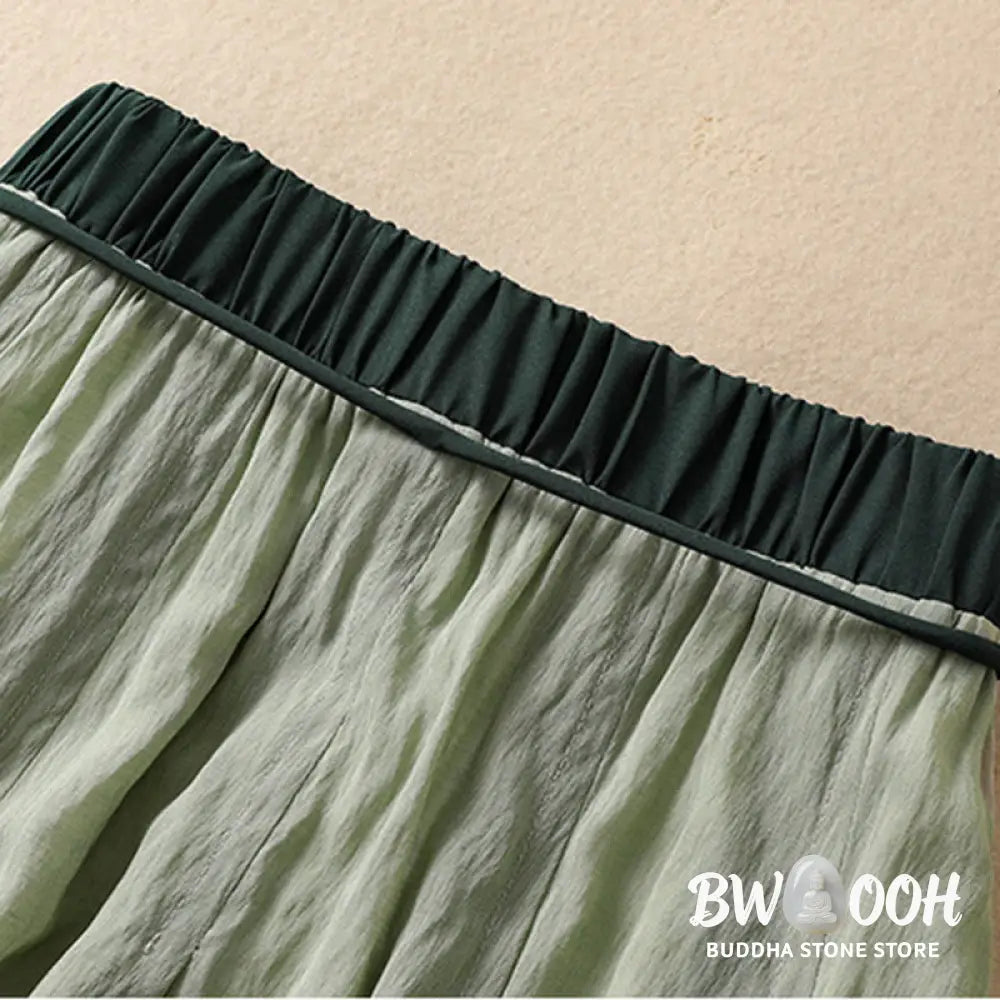 Buddha Stones Casual Contrasting Color Pleated Lace-Up Design Women’s Cotton Linen 7-8 Length Skirt - Skirt
