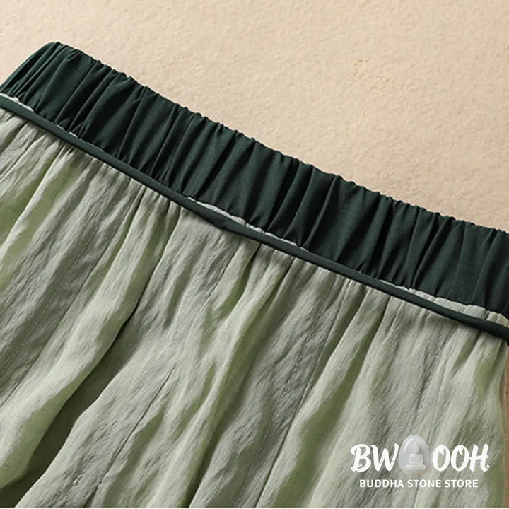 Buddha Stones Casual Contrasting Color Pleated Lace-Up Design Women’s Cotton Linen 7-8 Length Skirt - Skirt