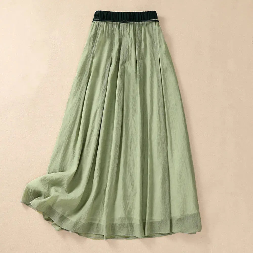 Buddha Stones Casual Contrasting Color Pleated Lace-Up Design Women’s Cotton Linen 7-8 Length Skirt - LightGreen