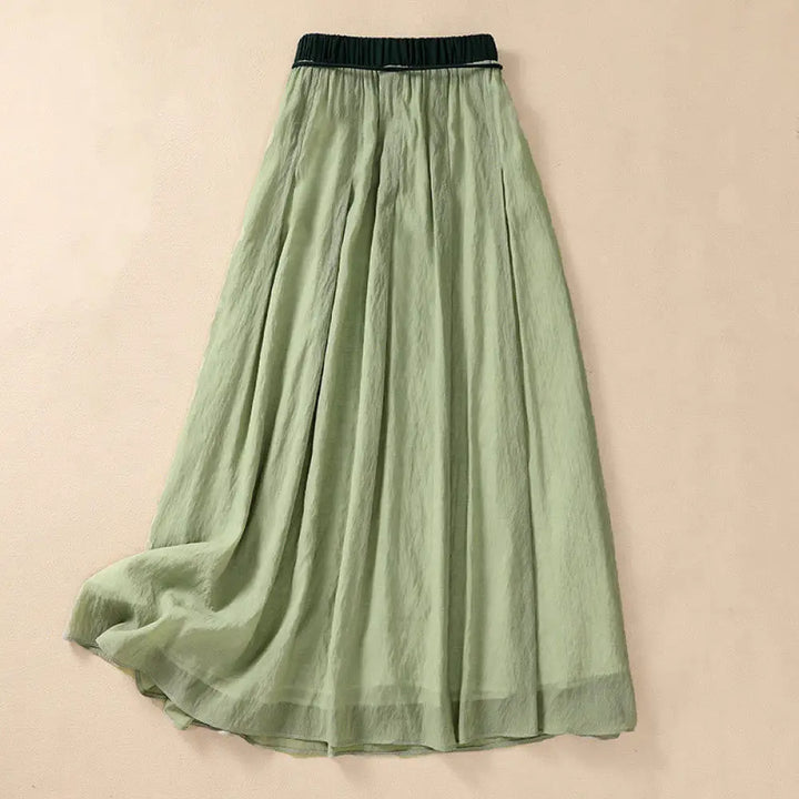 Buddha Stones Casual Contrasting Color Pleated Lace-Up Design Women’s Cotton Linen 7-8 Length Skirt - LightGreen