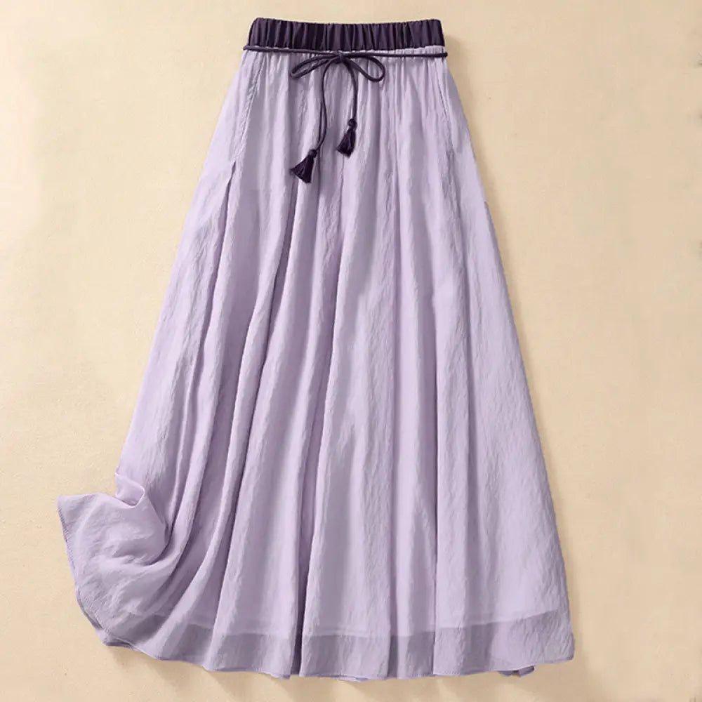 Buddha Stones Casual Contrasting Color Pleated Lace-Up Design Women’s Cotton Linen 7-8 Length Skirt - Plum