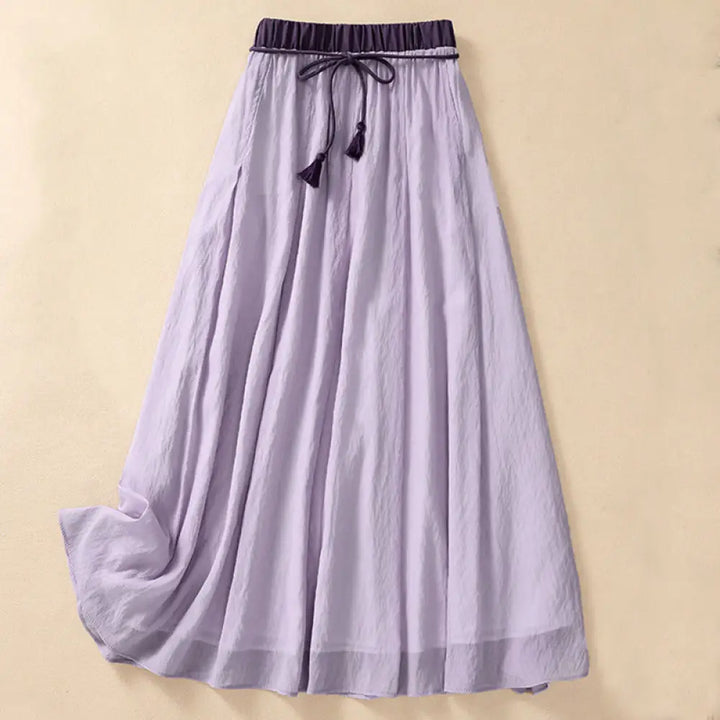 Buddha Stones Casual Contrasting Color Pleated Lace-Up Design Women’s Cotton Linen 7-8 Length Skirt - Plum