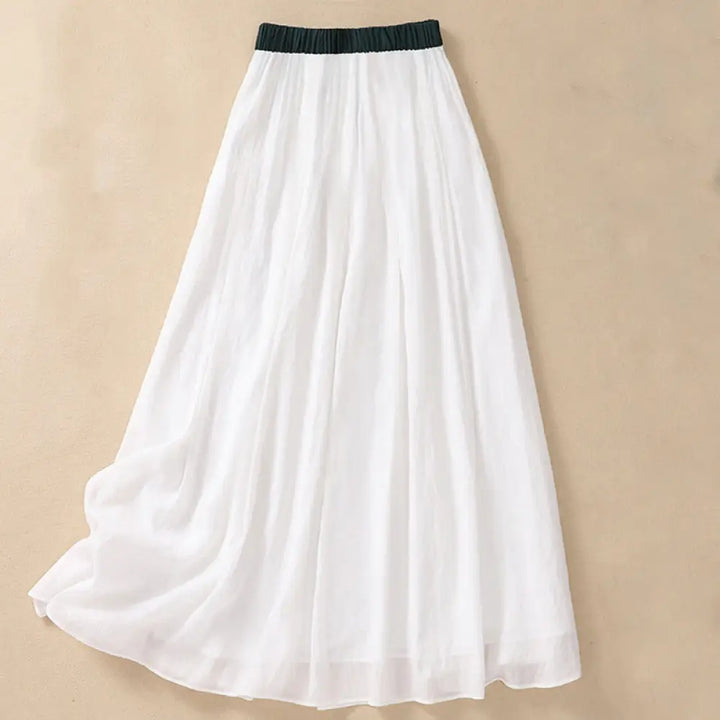 Buddha Stones Casual Contrasting Color Pleated Lace-Up Design Women’s Cotton Linen 7-8 Length Skirt - White