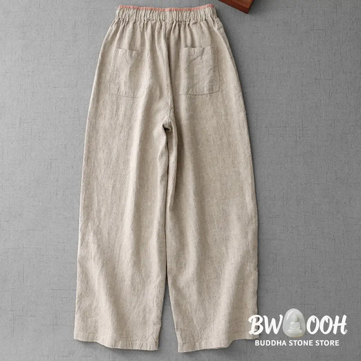 Buddha Stones Casual Daily Drawstring Simple Design Women’s Cotton Linen Pants With Pockets - Women’s Pants