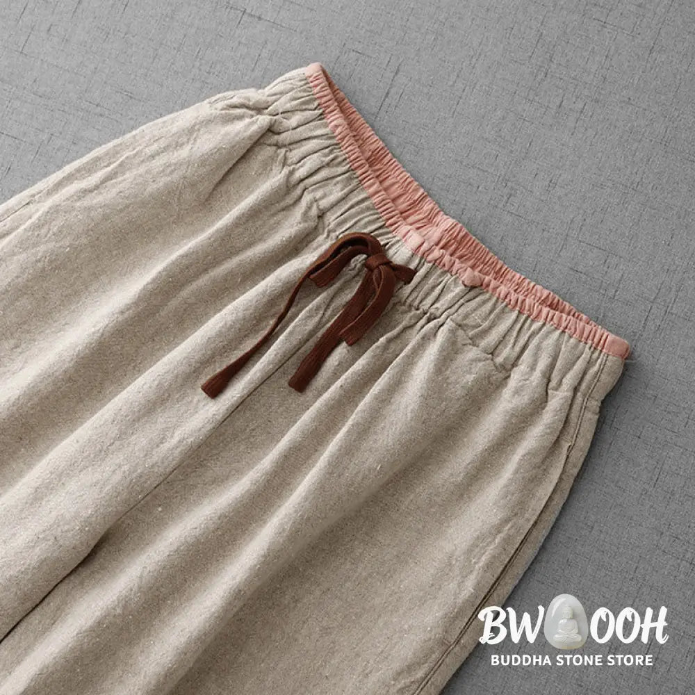Buddha Stones Casual Daily Drawstring Simple Design Women’s Cotton Linen Pants With Pockets - Women’s Pants