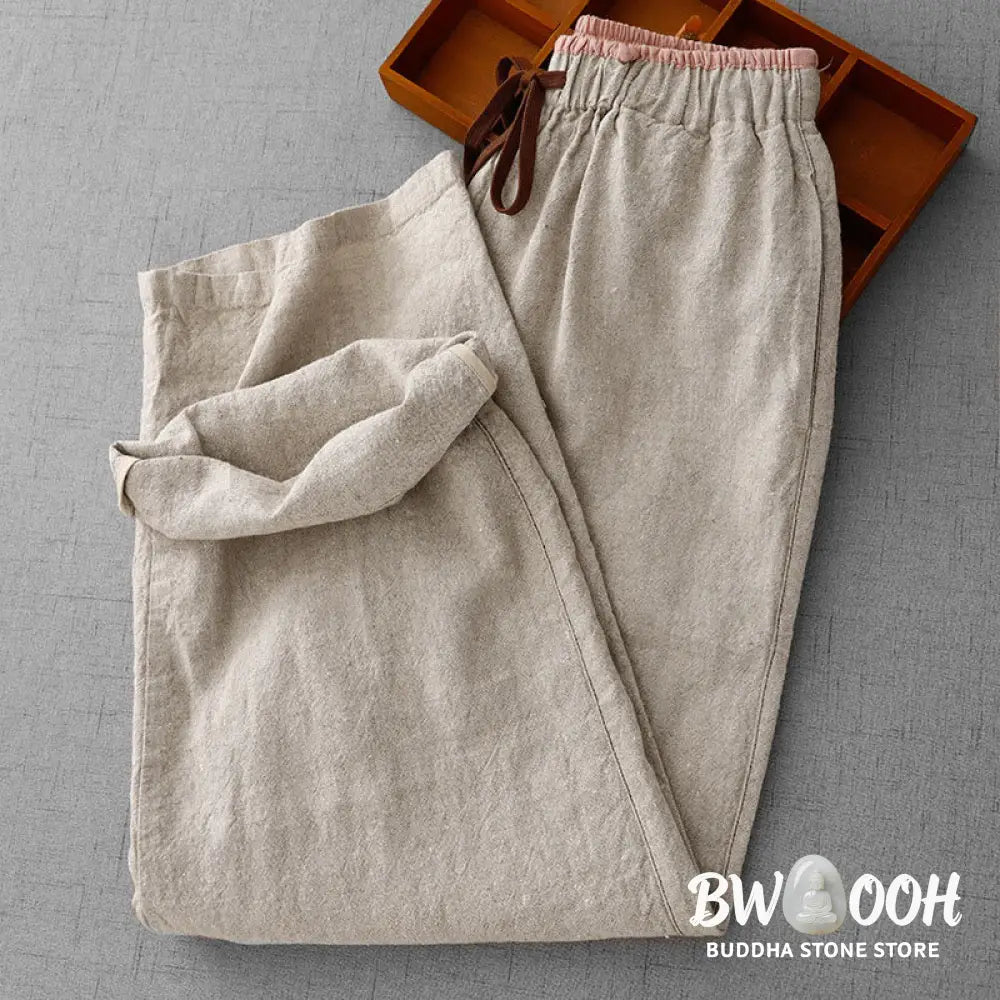 Buddha Stones Casual Daily Drawstring Simple Design Women’s Cotton Linen Pants With Pockets - Women’s Pants