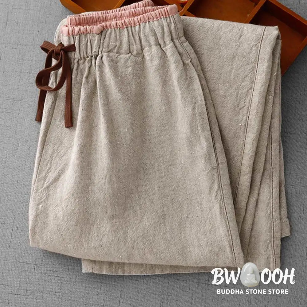 Buddha Stones Casual Daily Drawstring Simple Design Women’s Cotton Linen Pants With Pockets - Women’s Pants