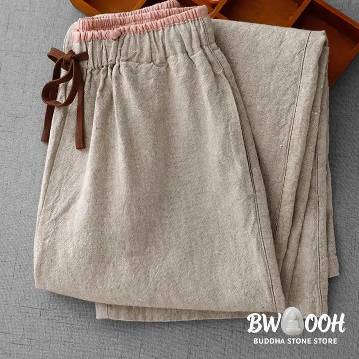 Buddha Stones Casual Daily Drawstring Simple Design Women’s Cotton Linen Pants With Pockets - Women’s Pants