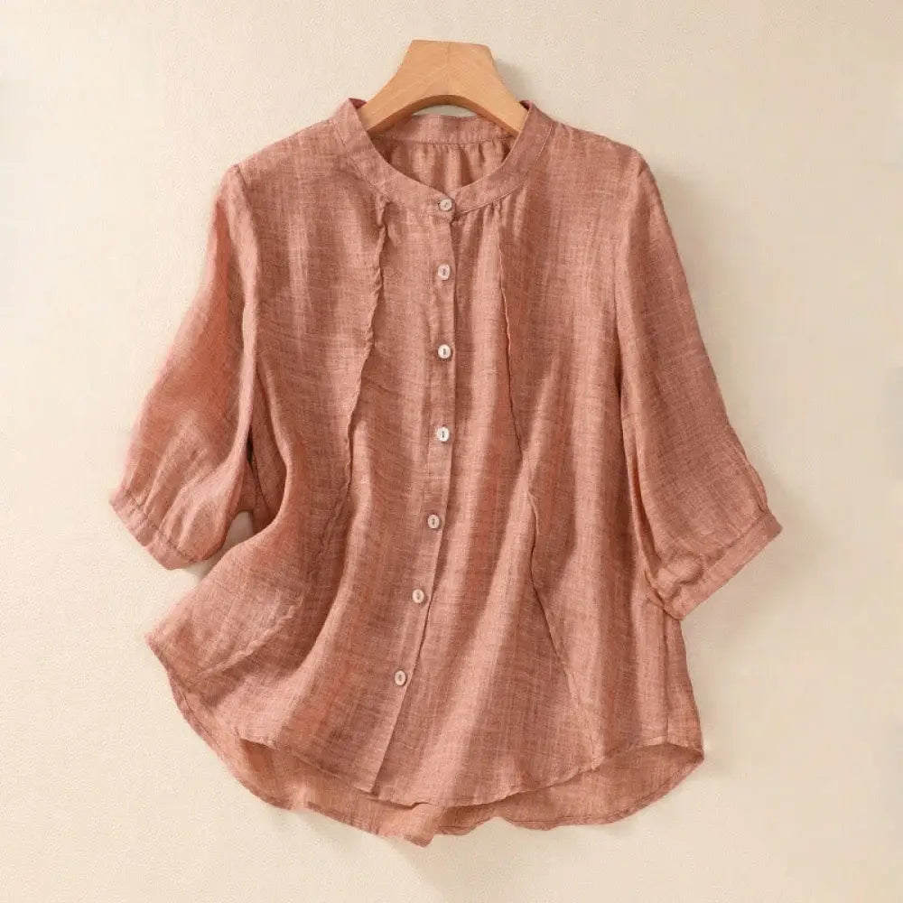 Buddha Stones Casual Daily Plain Button Ruffled Design Stand Collar Women’s Cotton Linen Three Quarter Sleeve Shirt