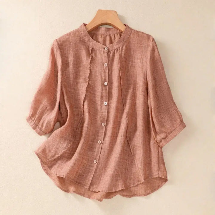 Buddha Stones Casual Daily Plain Button Ruffled Design Stand Collar Women’s Cotton Linen Three Quarter Sleeve Shirt