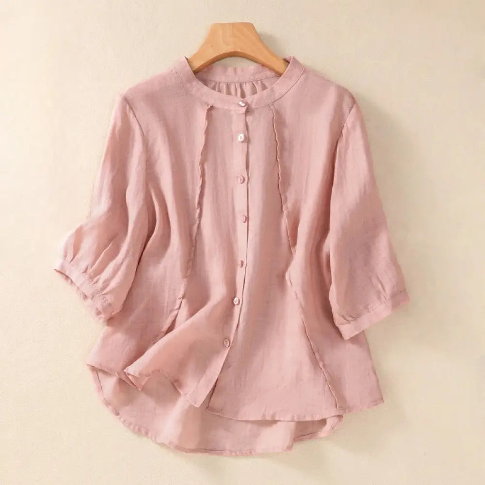 Buddha Stones Casual Daily Plain Button Ruffled Design Stand Collar Women’s Cotton Linen Three Quarter Sleeve Shirt