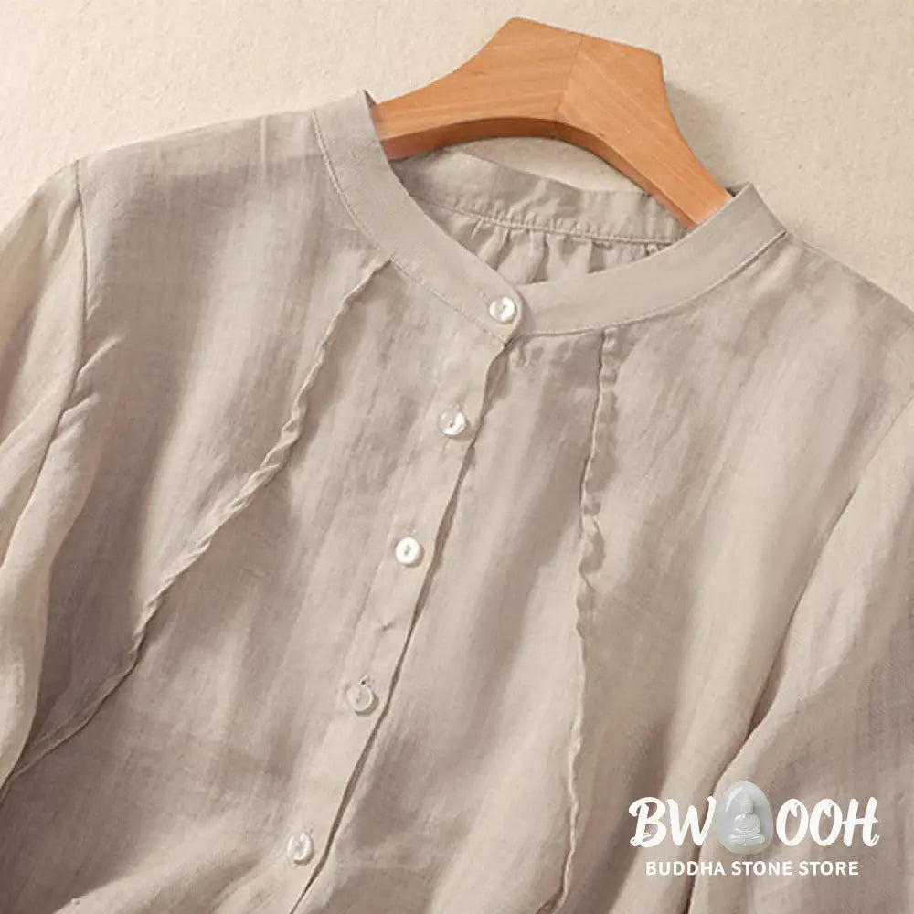 Buddha Stones Casual Daily Plain Button Ruffled Design Stand Collar Women’s Cotton Linen Three Quarter Sleeve Shirt