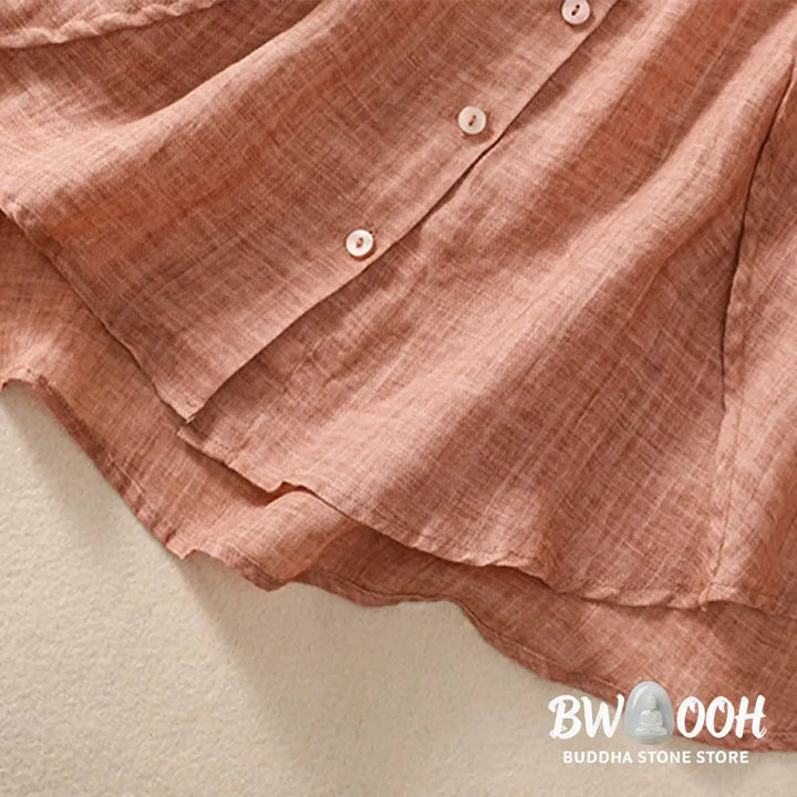 Buddha Stones Casual Daily Plain Button Ruffled Design Stand Collar Women’s Cotton Linen Three Quarter Sleeve Shirt
