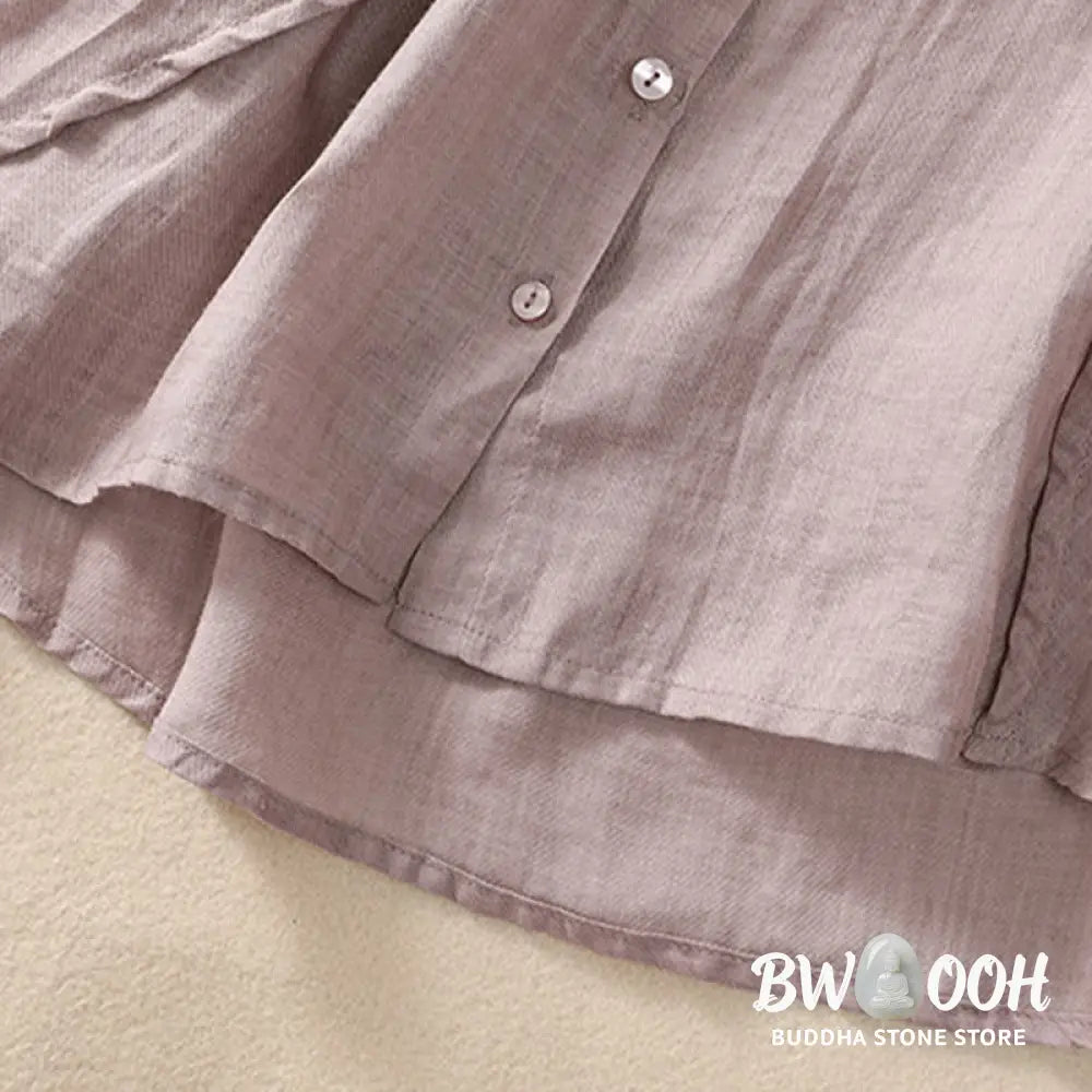 Buddha Stones Casual Daily Plain Button Ruffled Design Stand Collar Women’s Cotton Linen Three Quarter Sleeve Shirt