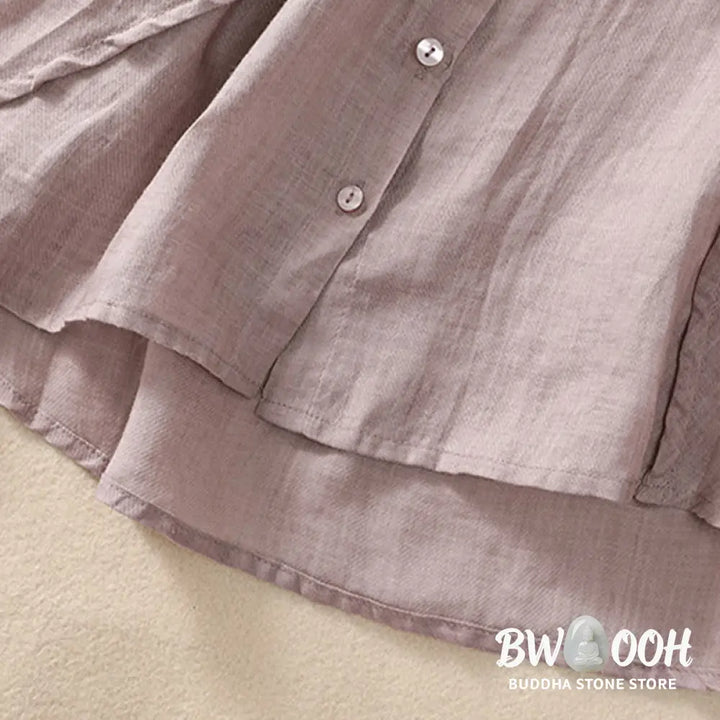 Buddha Stones Casual Daily Plain Button Ruffled Design Stand Collar Women’s Cotton Linen Three Quarter Sleeve Shirt