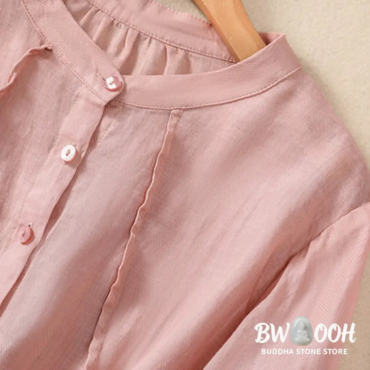 Buddha Stones Casual Daily Plain Button Ruffled Design Stand Collar Women’s Cotton Linen Three Quarter Sleeve Shirt