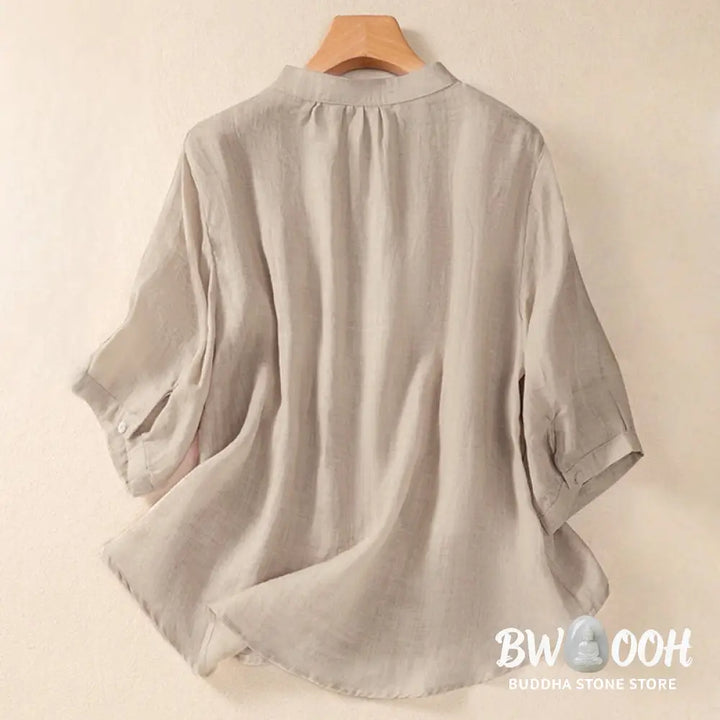 Buddha Stones Casual Daily Plain Button Ruffled Design Stand Collar Women’s Cotton Linen Three Quarter Sleeve Shirt
