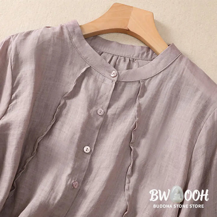 Buddha Stones Casual Daily Plain Button Ruffled Design Stand Collar Women’s Cotton Linen Three Quarter Sleeve Shirt
