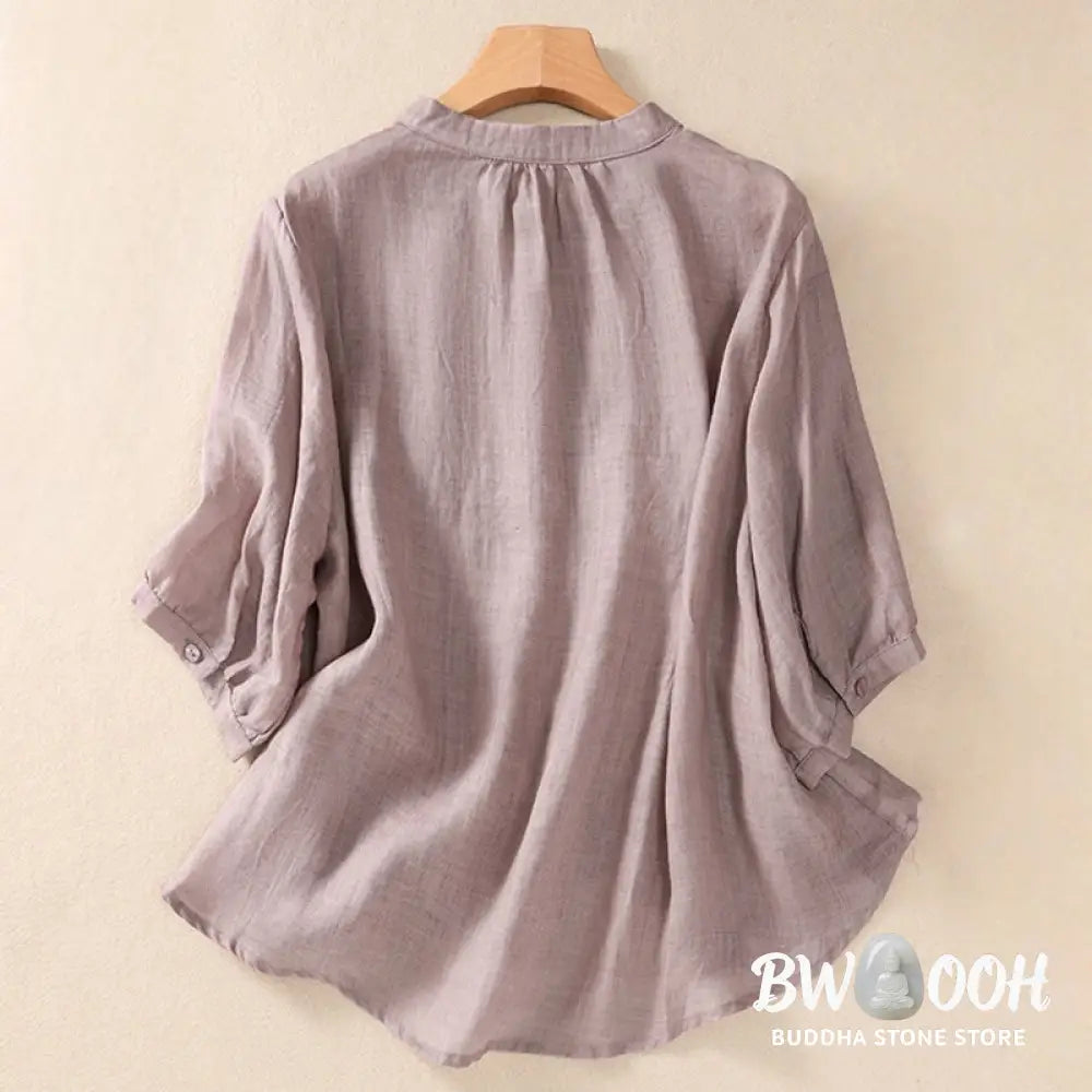 Buddha Stones Casual Daily Plain Button Ruffled Design Stand Collar Women’s Cotton Linen Three Quarter Sleeve Shirt
