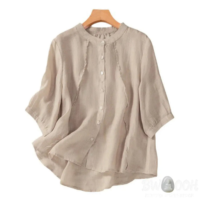 Buddha Stones Casual Daily Plain Button Ruffled Design Stand Collar Women’s Cotton Linen Three Quarter Sleeve Shirt