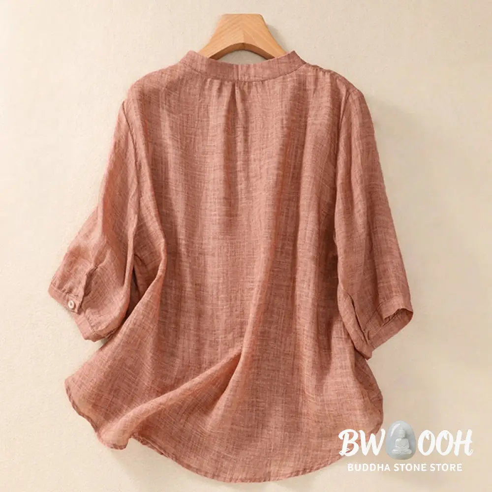Buddha Stones Casual Daily Plain Button Ruffled Design Stand Collar Women’s Cotton Linen Three Quarter Sleeve Shirt