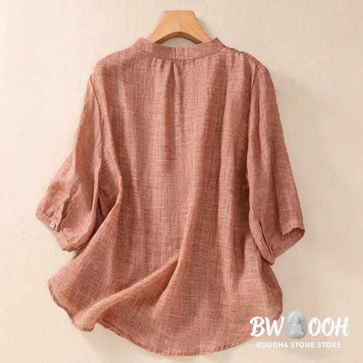 Buddha Stones Casual Daily Plain Button Ruffled Design Stand Collar Women’s Cotton Linen Three Quarter Sleeve Shirt