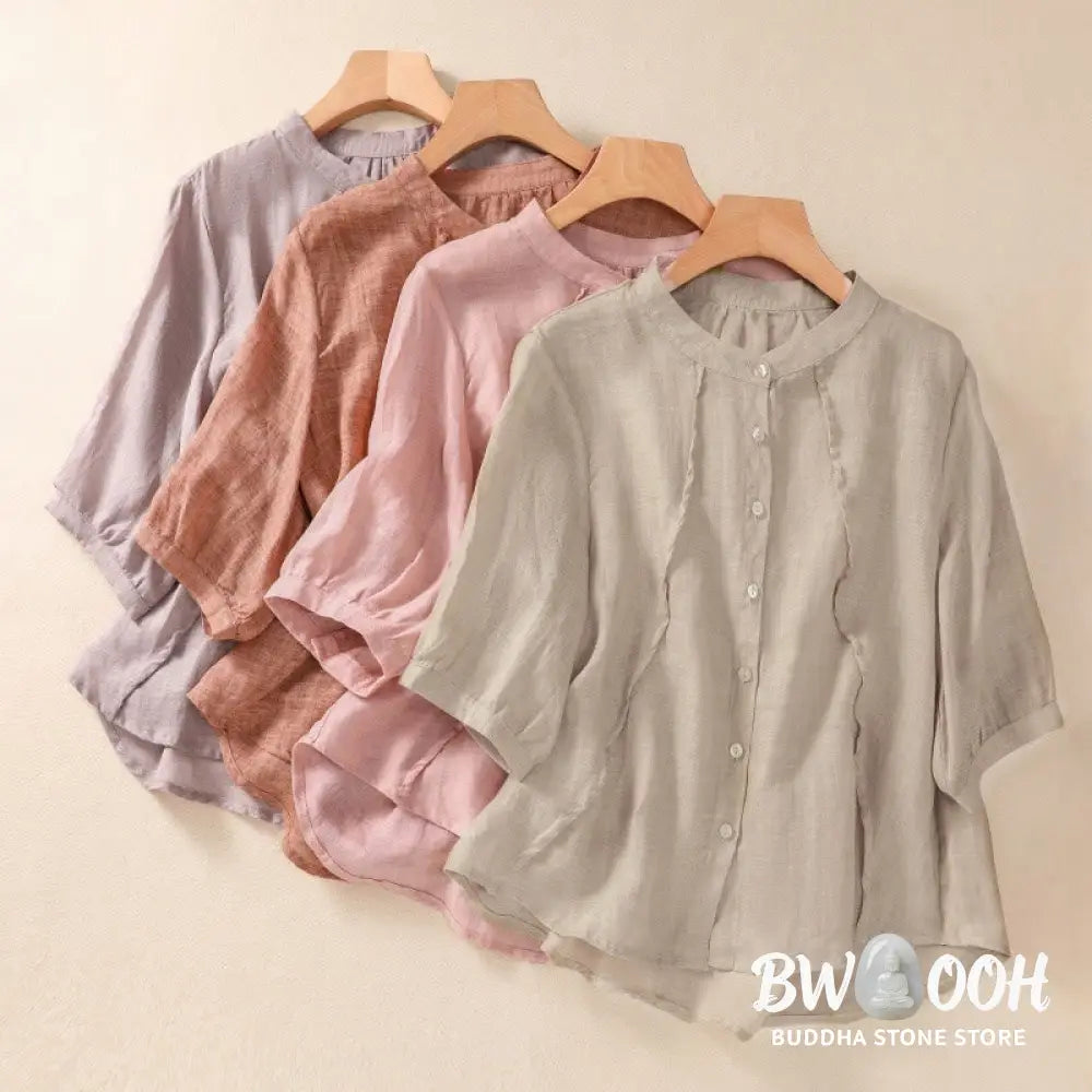 Buddha Stones Casual Daily Plain Button Ruffled Design Stand Collar Women’s Cotton Linen Three Quarter Sleeve Shirt