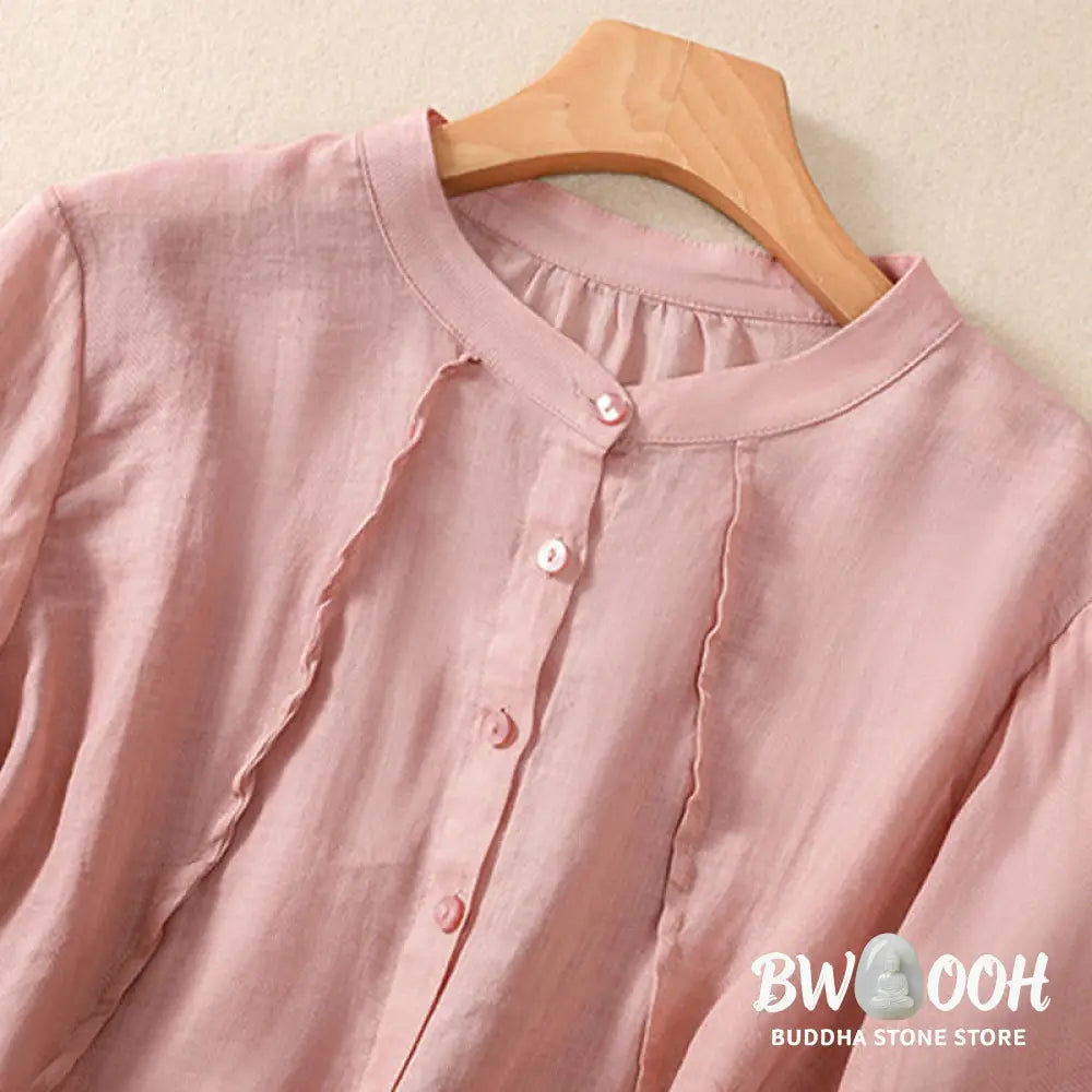 Buddha Stones Casual Daily Plain Button Ruffled Design Stand Collar Women’s Cotton Linen Three Quarter Sleeve Shirt