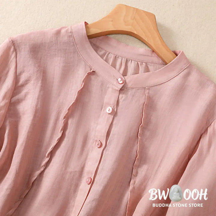 Buddha Stones Casual Daily Plain Button Ruffled Design Stand Collar Women’s Cotton Linen Three Quarter Sleeve Shirt