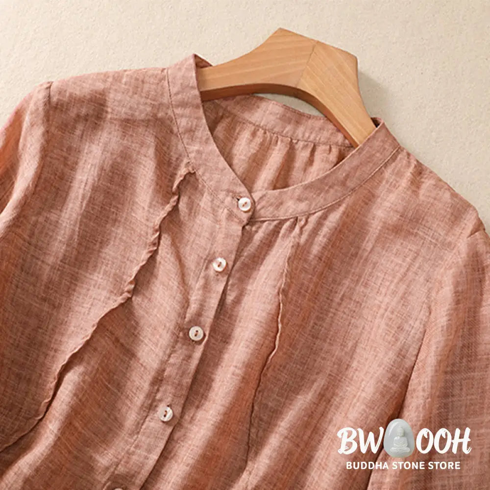 Buddha Stones Casual Daily Plain Button Ruffled Design Stand Collar Women’s Cotton Linen Three Quarter Sleeve Shirt