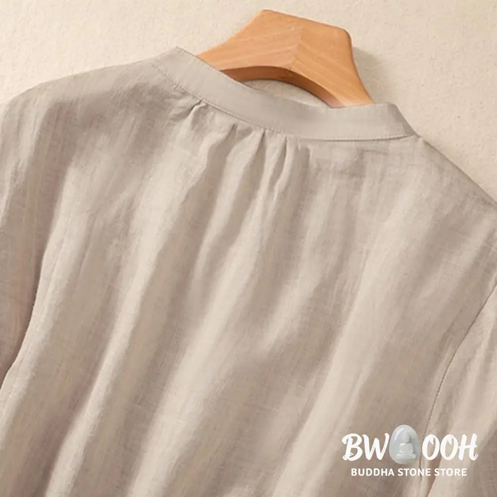 Buddha Stones Casual Daily Plain Button Ruffled Design Stand Collar Women’s Cotton Linen Three Quarter Sleeve Shirt