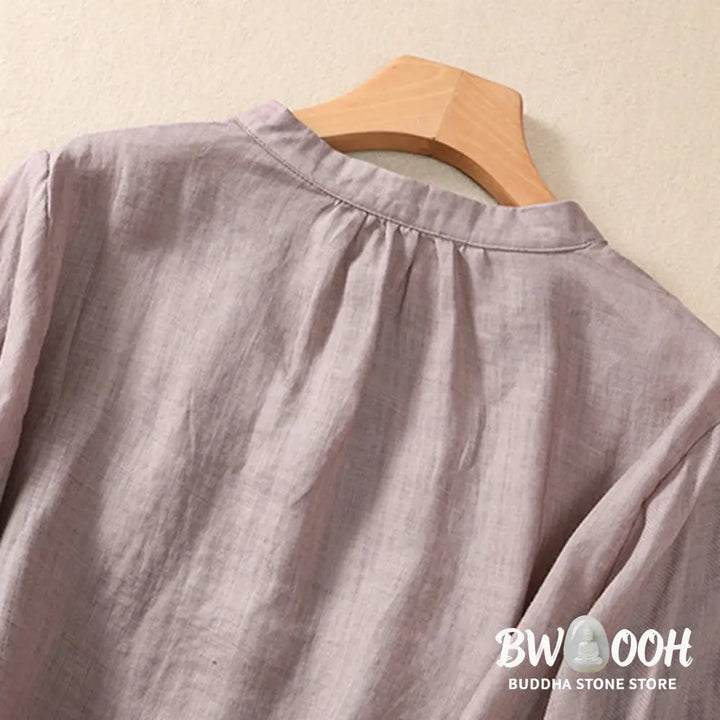 Buddha Stones Casual Daily Plain Button Ruffled Design Stand Collar Women’s Cotton Linen Three Quarter Sleeve Shirt