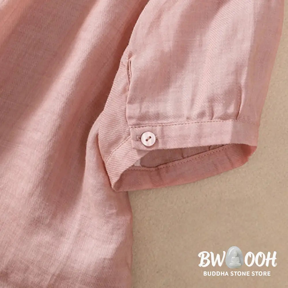 Buddha Stones Casual Daily Plain Button Ruffled Design Stand Collar Women’s Cotton Linen Three Quarter Sleeve Shirt
