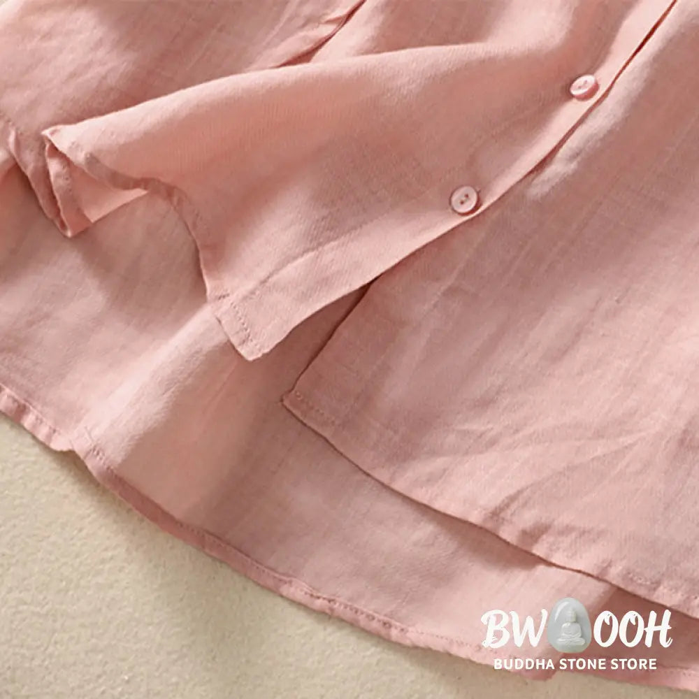 Buddha Stones Casual Daily Plain Button Ruffled Design Stand Collar Women’s Cotton Linen Three Quarter Sleeve Shirt