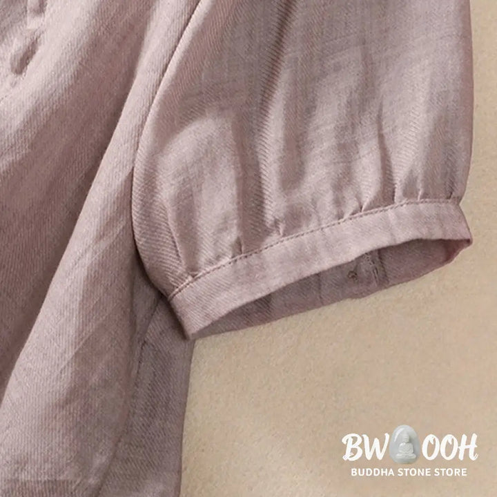 Buddha Stones Casual Daily Plain Button Ruffled Design Stand Collar Women’s Cotton Linen Three Quarter Sleeve Shirt