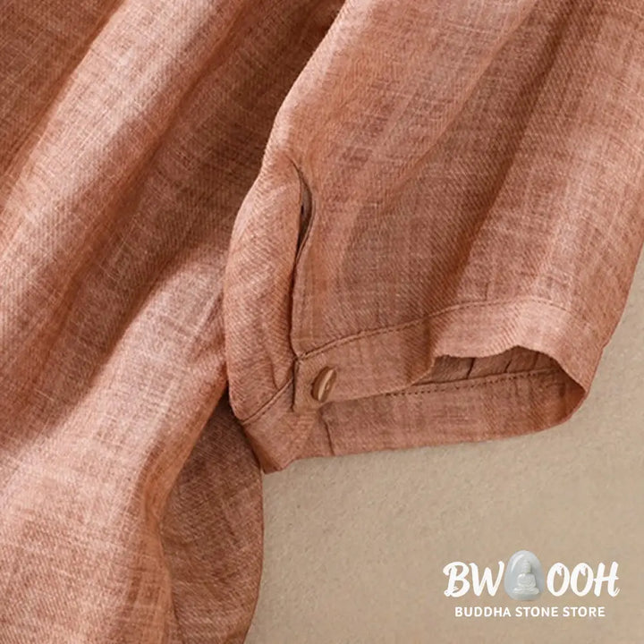 Buddha Stones Casual Daily Plain Button Ruffled Design Stand Collar Women’s Cotton Linen Three Quarter Sleeve Shirt