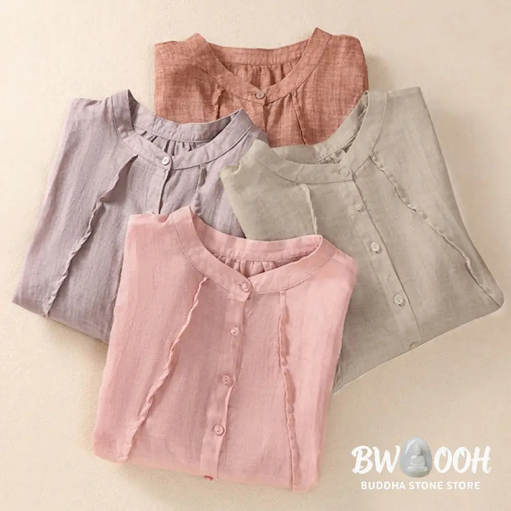 Buddha Stones Casual Daily Plain Button Ruffled Design Stand Collar Women’s Cotton Linen Three Quarter Sleeve Shirt