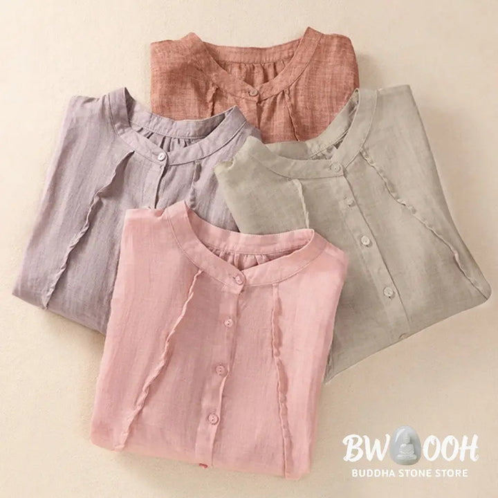 Buddha Stones Casual Daily Plain Button Ruffled Design Stand Collar Women’s Cotton Linen Three Quarter Sleeve Shirt