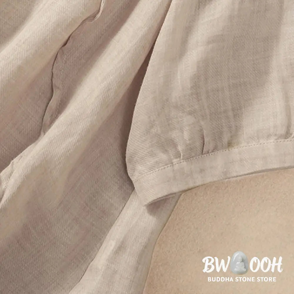 Buddha Stones Casual Daily Plain Button Ruffled Design Stand Collar Women’s Cotton Linen Three Quarter Sleeve Shirt