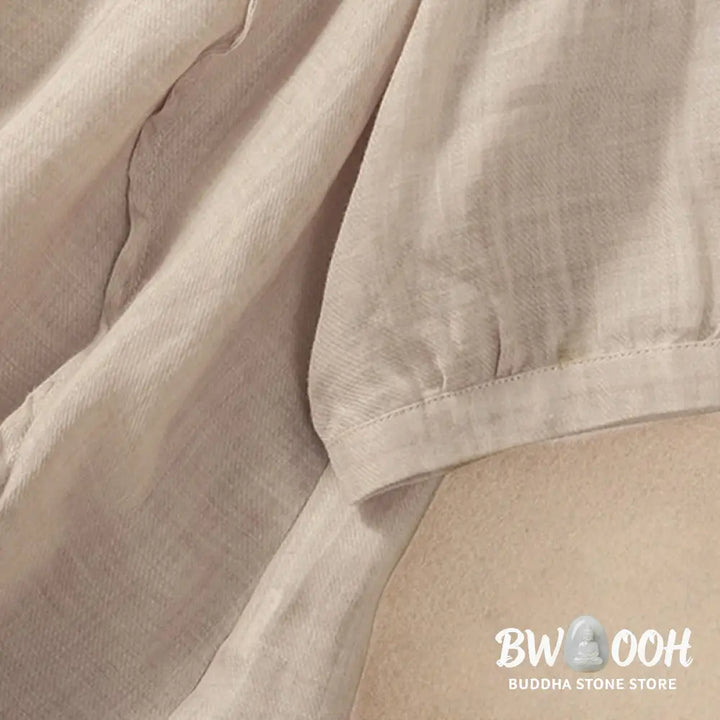 Buddha Stones Casual Daily Plain Button Ruffled Design Stand Collar Women’s Cotton Linen Three Quarter Sleeve Shirt