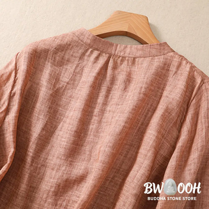 Buddha Stones Casual Daily Plain Button Ruffled Design Stand Collar Women’s Cotton Linen Three Quarter Sleeve Shirt