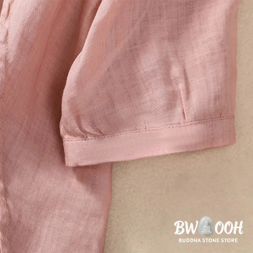 Buddha Stones Casual Daily Plain Button Ruffled Design Stand Collar Women’s Cotton Linen Three Quarter Sleeve Shirt