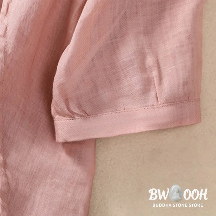 Buddha Stones Casual Daily Plain Button Ruffled Design Stand Collar Women’s Cotton Linen Three Quarter Sleeve Shirt
