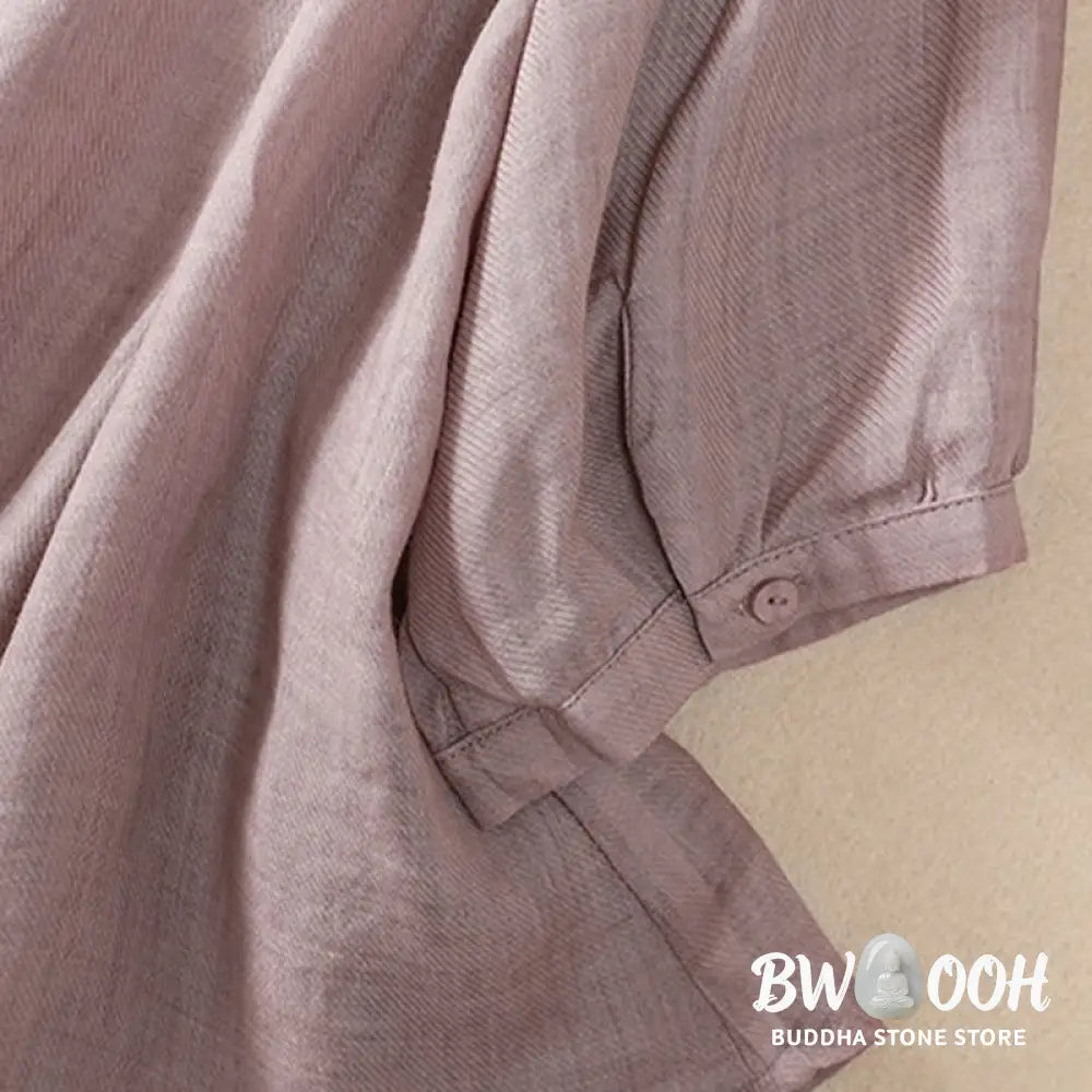 Buddha Stones Casual Daily Plain Button Ruffled Design Stand Collar Women’s Cotton Linen Three Quarter Sleeve Shirt