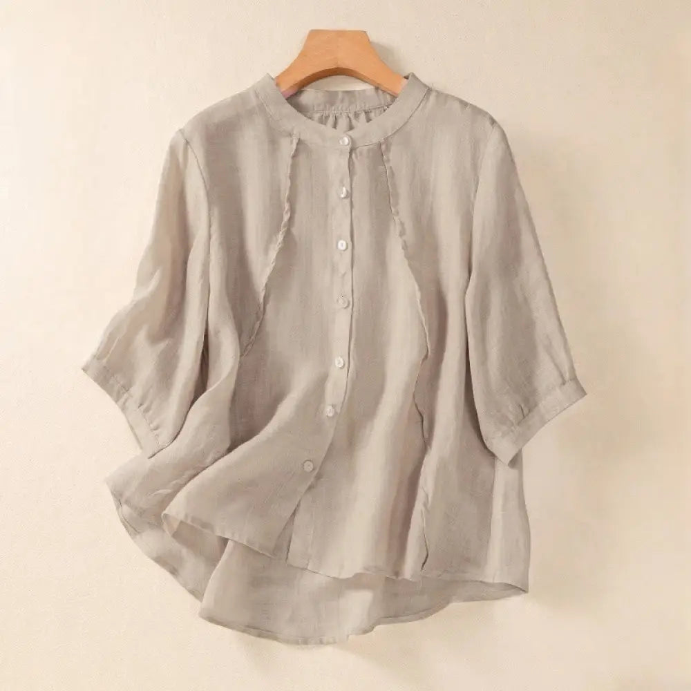 Buddha Stones Casual Daily Plain Button Ruffled Design Stand Collar Women’s Cotton Linen Three Quarter Sleeve Shirt