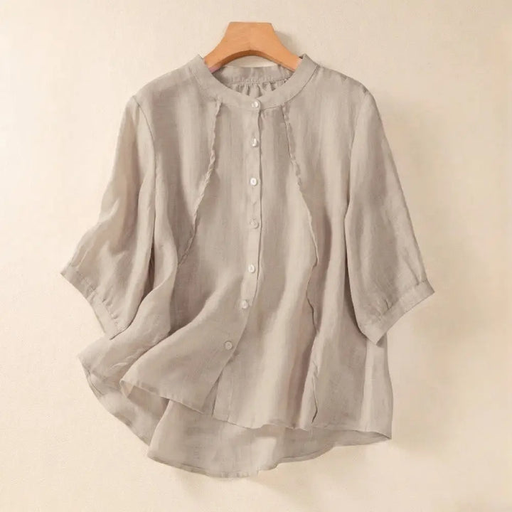 Buddha Stones Casual Daily Plain Button Ruffled Design Stand Collar Women’s Cotton Linen Three Quarter Sleeve Shirt