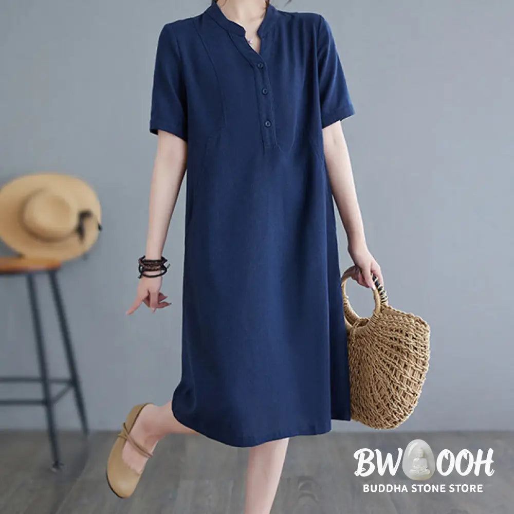 Buddha Stones Casual Daily Pure Color Button Design Short Sleeve Cotton Linen Midi Dress With Pockets - Cheongsam